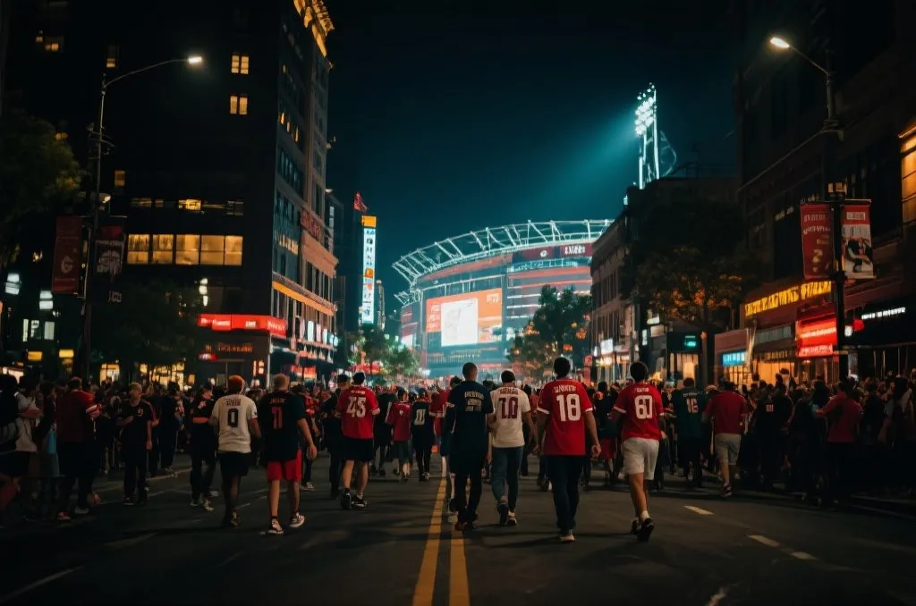 世界杯球迷在墨西哥城市中穿行观赛的夜景氛围